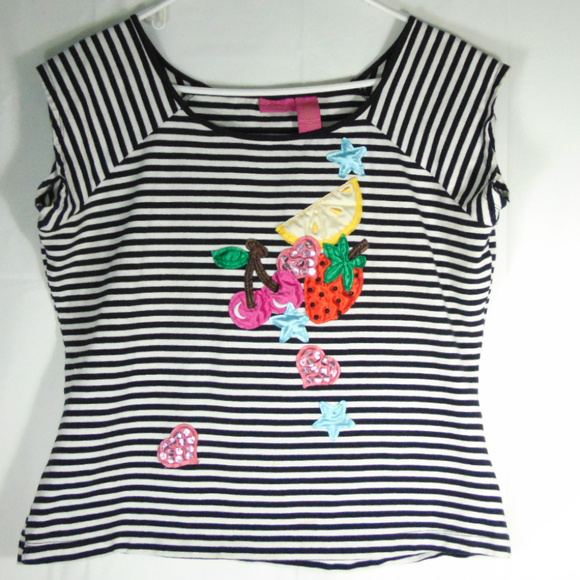 Thalia Sodi Tops - Black And White Striped Cherry, Lemon, Fruit Top